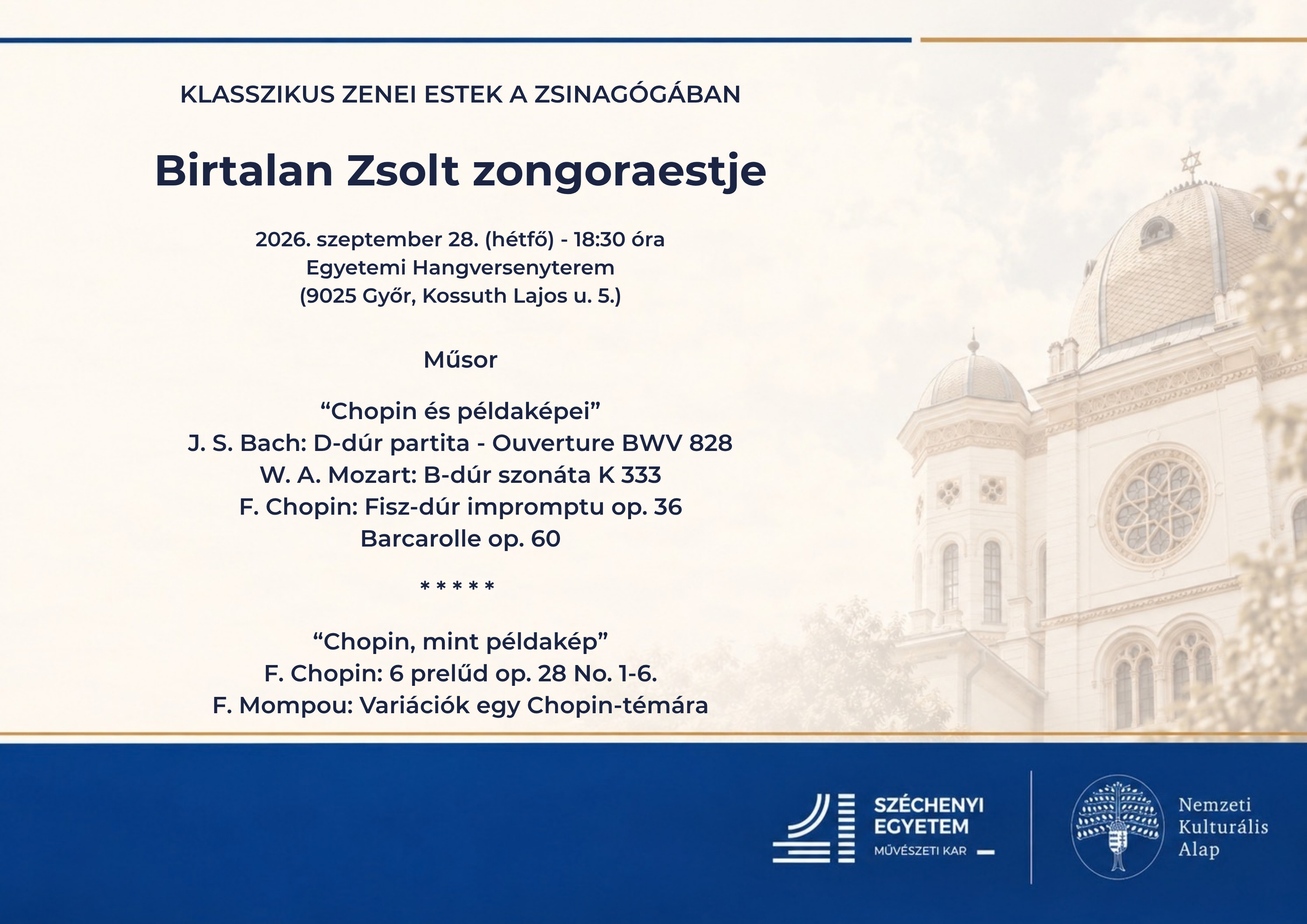 Klasszikus zenei estek a zsinagógában - Birtalan Zsolt zongoraestje - 2026.09.28.